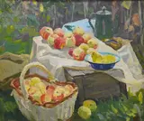 Still life of fruit and vessels by Boris Nakhalov, oil on board, offered Mar 2025