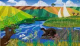 Large river scene collage / mixed media by Laura Burns, mixed media on board, sold Oct 2025