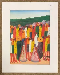 Haitian village scene by Laurent Casimir, 1979, acrylic on canvas, sold Oct 2025