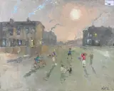 Child on a chopper bike with others playing football in the by Robert Leach, oil on canvas, sold Oct 2025