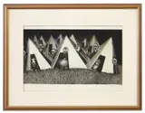 Surrealist imagery of screaming heads / figures by Alan Salisbury, 1969, etching, sold Oct 2025