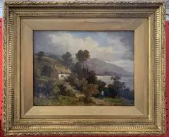 Lakeside cottage scene by Fred Taylor, oil on canvas, sold Oct 2025