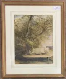 Landscape with a figure fishing under a tree canopy by George Arthur Fripp, watercolour, sold Oct 2025