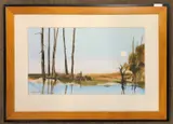 A view over water to the an angler on the riverbank by Jim Spencer, watercolour, offered Oct 2025