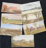 7 watercolours on card by Ernest Black, pencil, sold Oct 2025