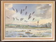 Geese in flight over marshland by Robert W. Milliken, watercolour, sold Oct 2025