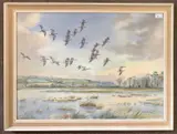Geese in flight over marshland by Robert W. Milliken, watercolour, sold Oct 2025