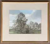 Rural scene with grazing cattle by Stanley Orchant, watercolor, sold Oct 2025