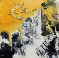 Golden Bird by Gilly Thomas, acrylic on canvas, sold Dec 2025