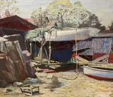 The Boatyard by Mavis Blackburn, oil on board, sold Dec 2025