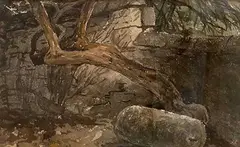 Tree form and wall by William Holmes May, watercolour, sold Dec 2025