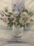 Hydrangeas in white vase by Joan Connell, 1981, watercolour, offered Dec 2025