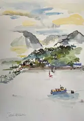 Bangor Pier and Blue Boat by Ishbel McWhirter, print, sold Dec 2025