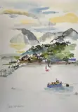 Bangor Pier and Blue Boat by Ishbel McWhirter, print, sold Dec 2025
