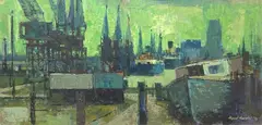 Dockside Cardiff by Hywel Harries, 1972, oil, sold Dec 2025