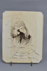 Saunders - studying bradshaws by Edward Davis, ink on paper, sold Aug 2023