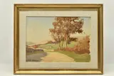 A landscape view along a path with trees by John Haggis, oil on board, sold Aug 2023
