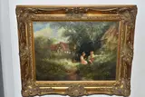 A young girl and boy beside a river by Paul J. Attfield, oil on canvas, sold Aug 2023