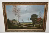 An exstensive landscape with cottage and trees by Charles Moody, oil on canvas, sold Aug 2023