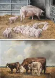 A sow and her piglets in a barn by Edna Bizon, oil on canvas, sold Jun 2023