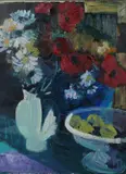 Still life with a vase of flowers and fruit in a bowlSigned and dated by Brian Ballard, Oil on canvas, sold Jun 2023