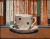 Still life with a teacup and booksSigned with initials JM by John Maddison, Oil on board, sold Jun 2023