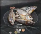 Still life with fishSigned CRUS by Chris Riisager, Oil on canvasboard, sold Jun 2023