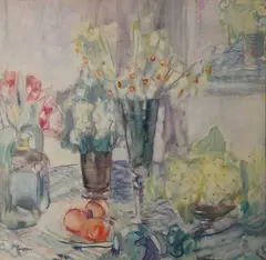 Still life with vases of flowers and a bowl of fruit on by Frances Hodgkins, Watercolour heightened with bodycolour, sold Jun 2023