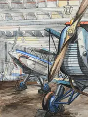An aircraft hangarSigned and dated Cavendish Morton jr/1932 by Cavendish Morton, Pencil, pen and ink, and watercolour, sold Jun 2023