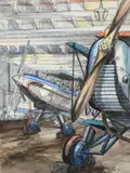 An aircraft hangarSigned and dated Cavendish Morton jr/1932 by Cavendish Morton, Pencil, pen and ink, and watercolour, sold Jun 2023