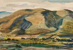 View near the Sentinel Ranch by Peter Hurd, Watercolour with scratching out, sold Jun 2023