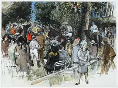 Brussels RacesSigned twice SAM BLACK and dated 45 by Sam Black, Pen and ink, watercolour and bodycolour, sold Jun 2023