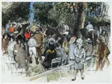 Brussels RacesSigned twice SAM BLACK and dated 45 by Sam Black, Pen and ink, watercolour and bodycolour, sold Jun 2023