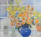 Still life with flowers in vases and a blue jugPencil and watercolour54 by June Clayton, watercolor, sold Jun 2023