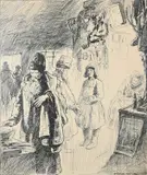 Study of the interior of a Russian shopSigned E by Eric Kennington, Pen and black ink within black framing lines, offered Jun 2023