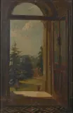 View through an open doorway by Eric Kennington, Oil on board, sold Jun 2023