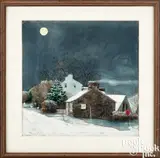 depicting a moonlit winter homestead by Peter Sculthorpe, watercolor on paper, sold Sep 2024