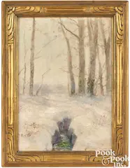 winter landscape titled Locust Grove Pennsylvania by William Henry Lippincott, 1917, oil on board, sold Sep 2024