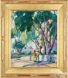 titled Talking in the Rain or The Conversation by Gladys G. Young, oil on canvas, sold Sep 2024