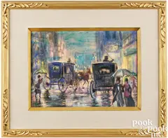 evening city street scene with rain by Arthur Clifton Goodwin, pastel, sold Sep 2024