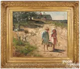 landscape with two children and ducks by Richard Norris Brooke, oil on canvas, sold Sep 2024