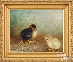 of three chicks by Ben Austrian, oil on canvas, sold Sep 2024