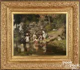 children playing in a pond by John Henry Witt, oil on canvas, sold Sep 2024
