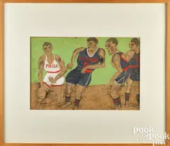 basketball players by Justin McCarthy, ink and watercolor, sold Sep 2024