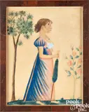 profile portrait of a young woman with umbrella by Jacob Maentel, watercolor and gouache, sold Sep 2024