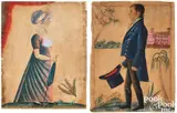 profile portraits of a husband and wife 10 5/8" x 8 5/8". by Jacob Maentel, watercolor and gouache, sold Sep 2024