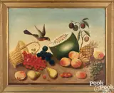 folk art still life with birds and fruit by Isaac W. Nuttman, 2005, oil on board, sold Sep 2024