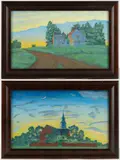 ATTRIBUTED, LUMINIST LANDSCAPE / ARCHITECTURAL PAINTINGS, LOT OF TWO by J. J. Lankes, oil over tempera on artist's board, sold Oct 2025