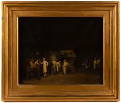 KITCHEN GENRE SCENE PAINTING by Denis Bergeret, oil on canvas, sold Oct 2025