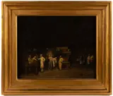 KITCHEN GENRE SCENE PAINTING by Denis Bergeret, oil on canvas, sold Oct 2025